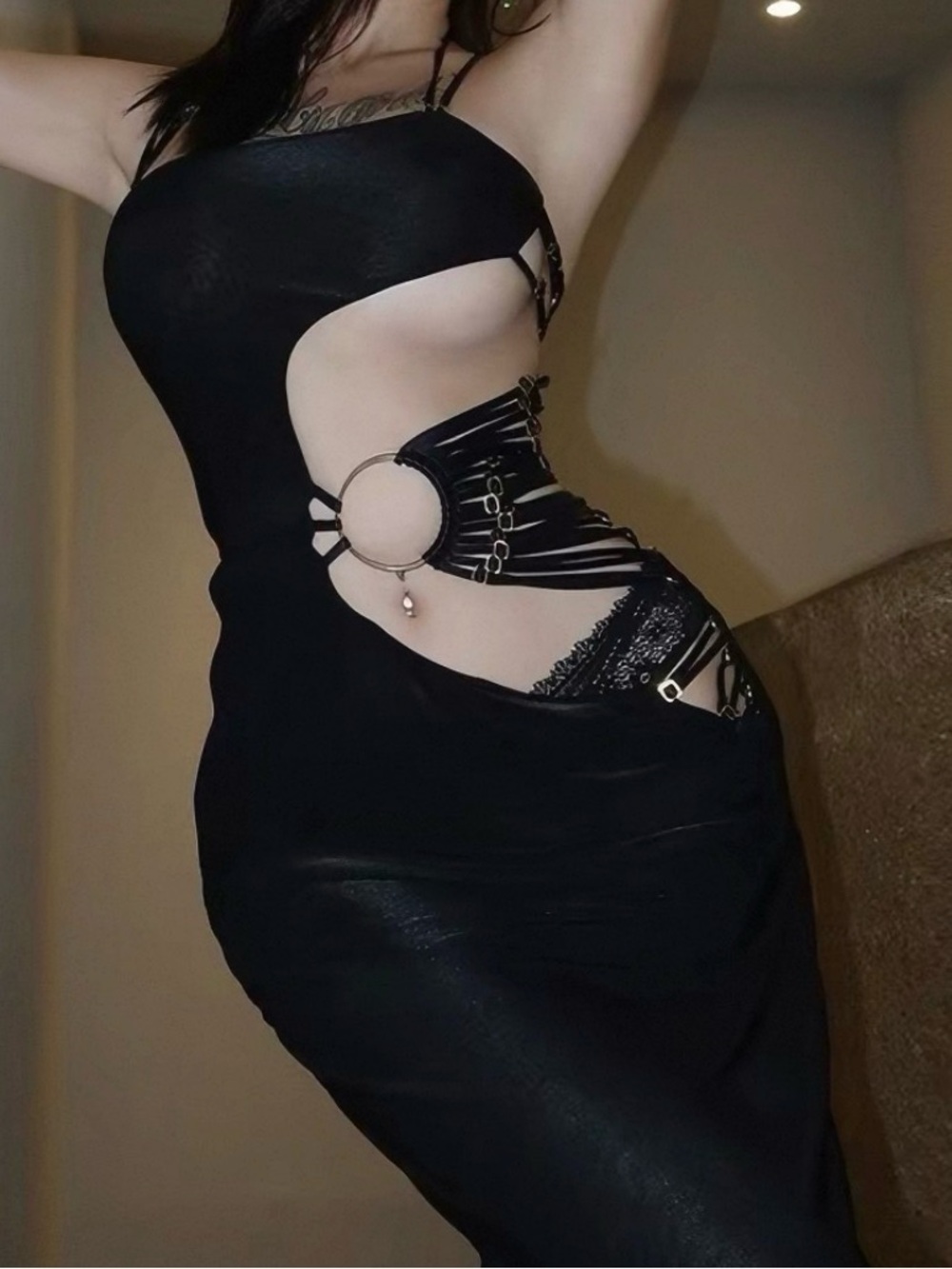Sexy Black Cutout Ring Midi Dress